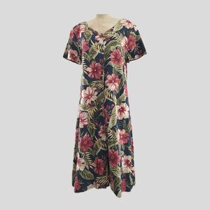 Vintage 90s Blue Tropical Floral Cotton V Neck Short Sleeve Cutout Midi Dress M